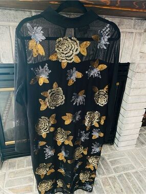 Thalia Sodi Black Sheer Long-Sleeve Dress with Gold & Silver Sequin Florals
